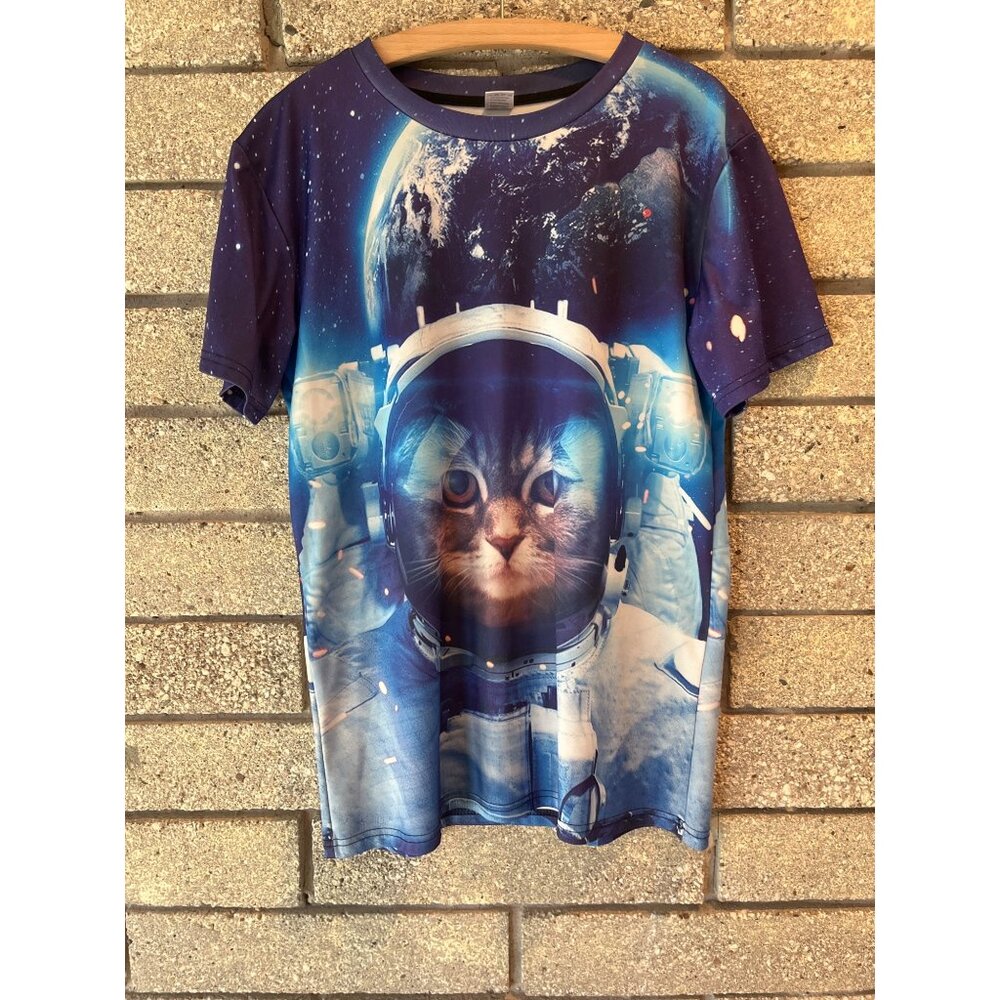Astronaut Cat Graphic T-Shirt Large Space Galaxy Print Polyester/Spandex Unisex
